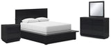 Londer Queen Panel Bed with Mirrored Dresser and Nightstand in Black from Ashley - Luna Furniture