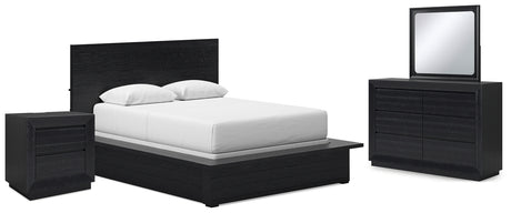 Londer Queen Panel Bed with Mirrored Dresser and Nightstand in Black from Ashley - Luna Furniture