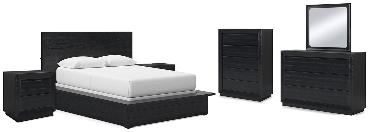 Londer Queen Panel Bed with Mirrored Dresser, Chest and 2 Nightstands in Black from Ashley - Luna Furniture