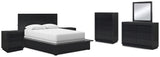 Londer Queen Panel Bed with Mirrored Dresser, Chest and 2 Nightstands in Black from Ashley - Luna Furniture