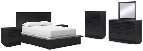 Londer Queen Panel Bed with Mirrored Dresser, Chest and 2 Nightstands in Black from Ashley - Luna Furniture