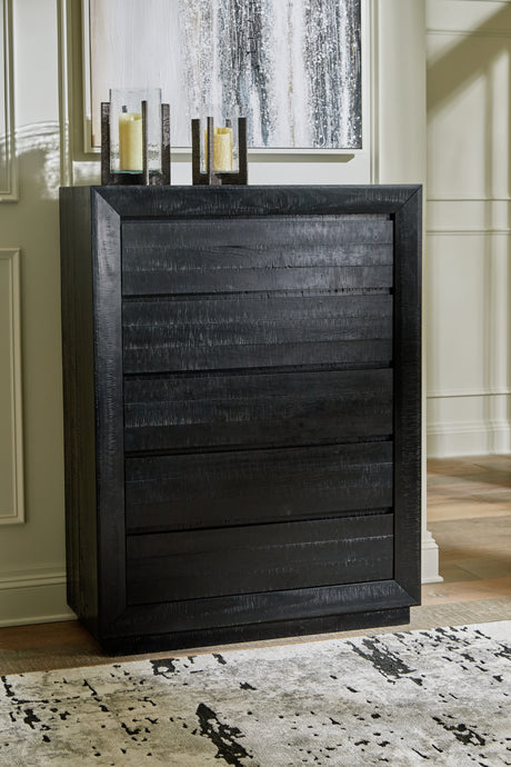 Londer Queen Panel Bed with Mirrored Dresser, Chest and 2 Nightstands in Black from Ashley - Luna Furniture