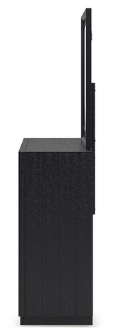 Londer Queen Panel Bed with Mirrored Dresser, Chest and 2 Nightstands in Black from Ashley - Luna Furniture