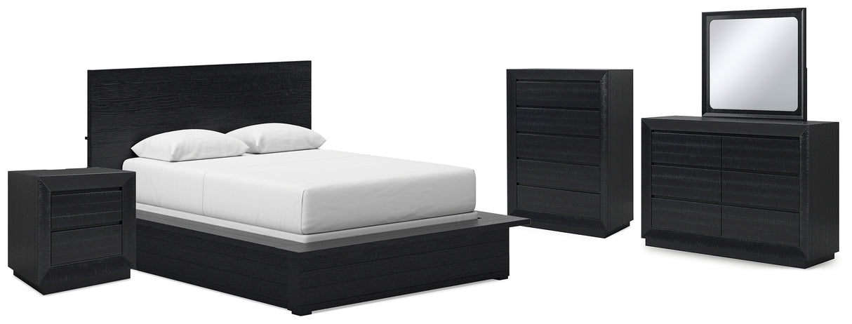 Londer Queen Panel Bed with Mirrored Dresser, Chest and Nightstand in Black from Ashley - Luna Furniture