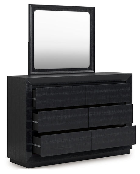 Londer Queen Panel Bed with Mirrored Dresser, Chest and Nightstand in Black from Ashley - Luna Furniture