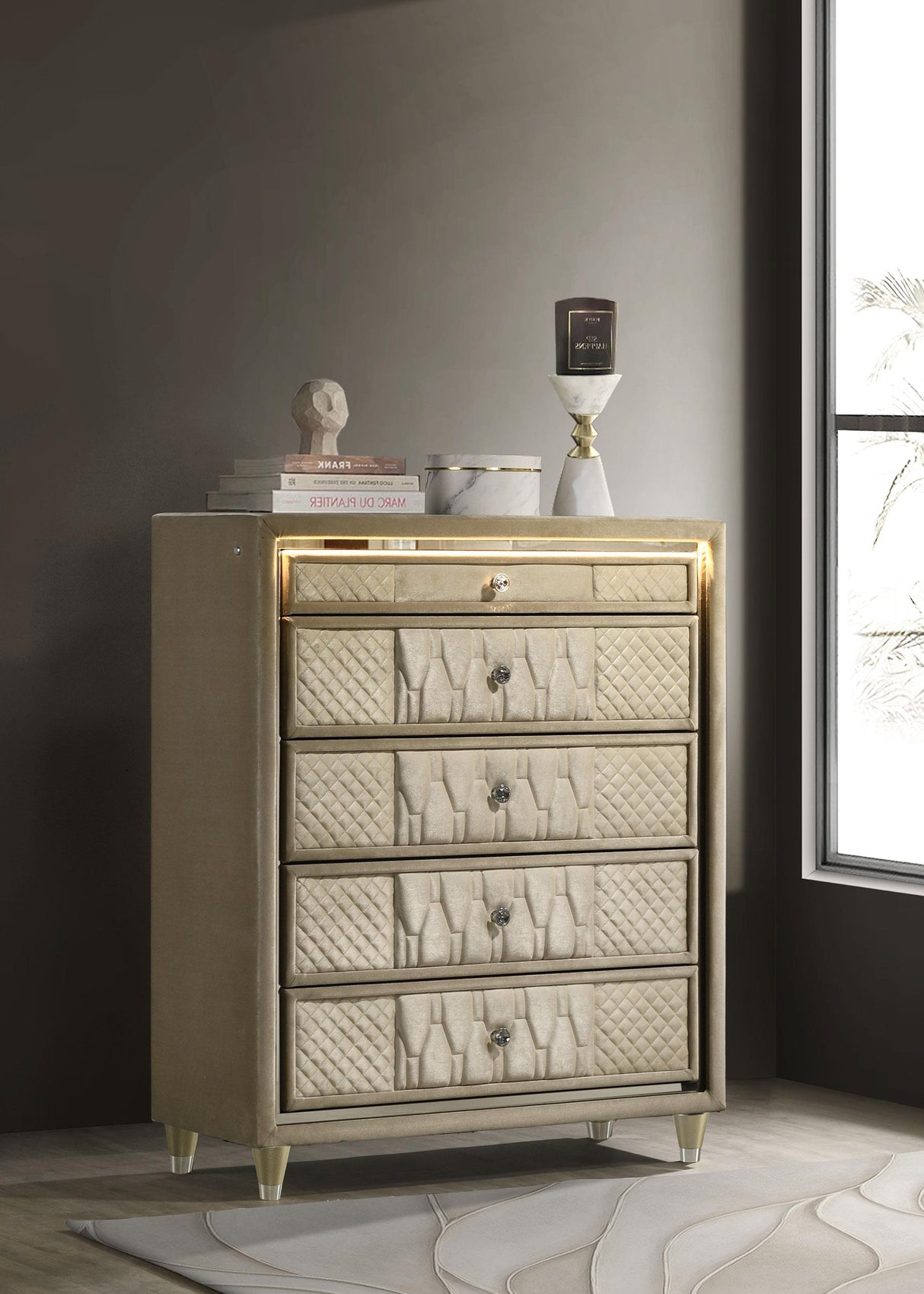 Lorient Ivory and Camel 5-Drawer LED Chest from Coaster - Luna Furniture