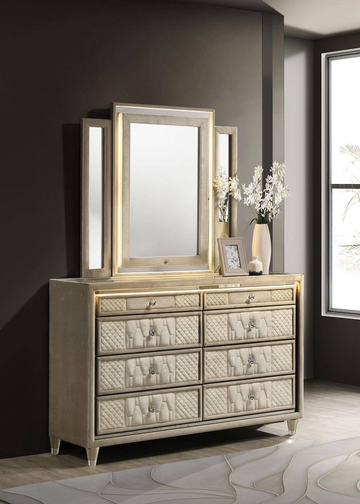 Lorient Ivory and Camel 8-Drawer LED Dresser with Mirror from Coaster - Luna Furniture
