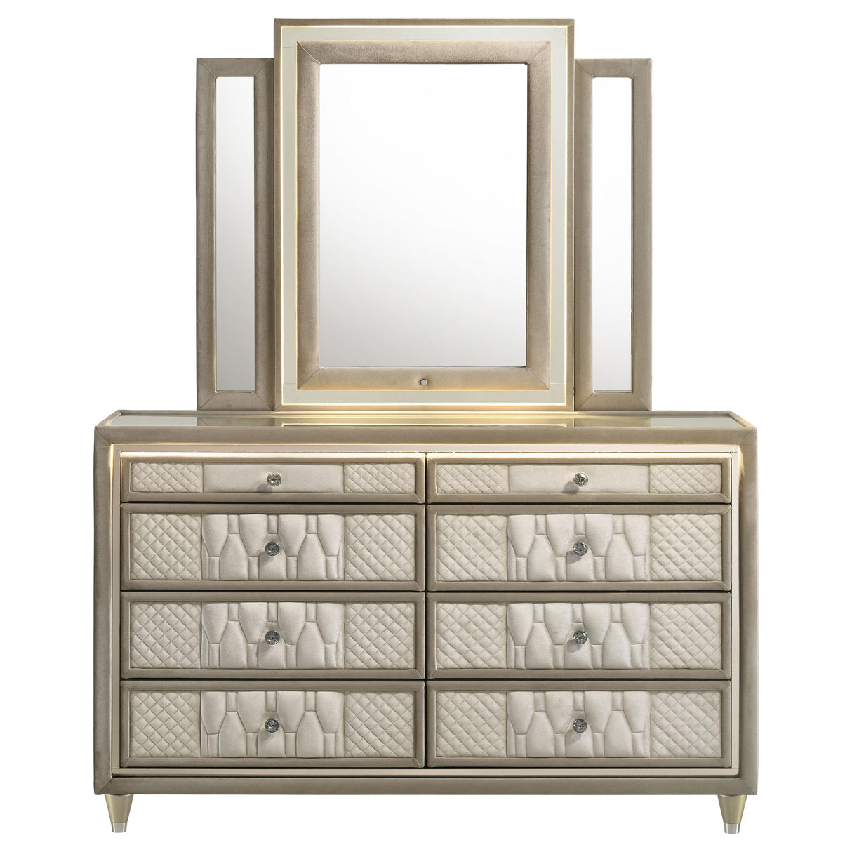 Lorient Ivory and Camel 8-Drawer LED Dresser with Mirror from Coaster - Luna Furniture