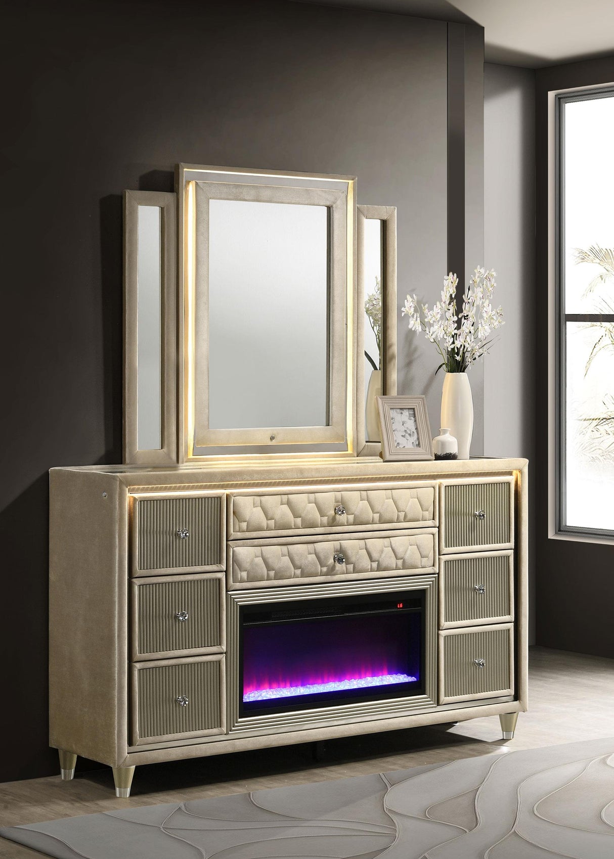 Lorient Ivory and Camel 8-Drawer LED Flame Box Dresser and Mirror from Coaster - Luna Furniture