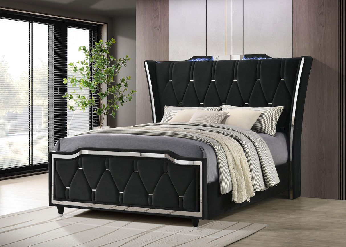 Lorient Black Queen LED Upholstered Wingback Bed from Coaster - Luna Furniture