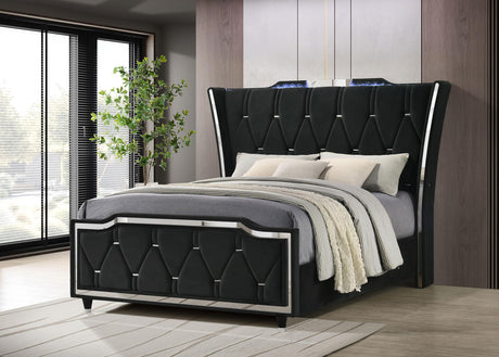 Lorient Black Queen LED Upholstered Wingback Bed from Coaster - Luna Furniture