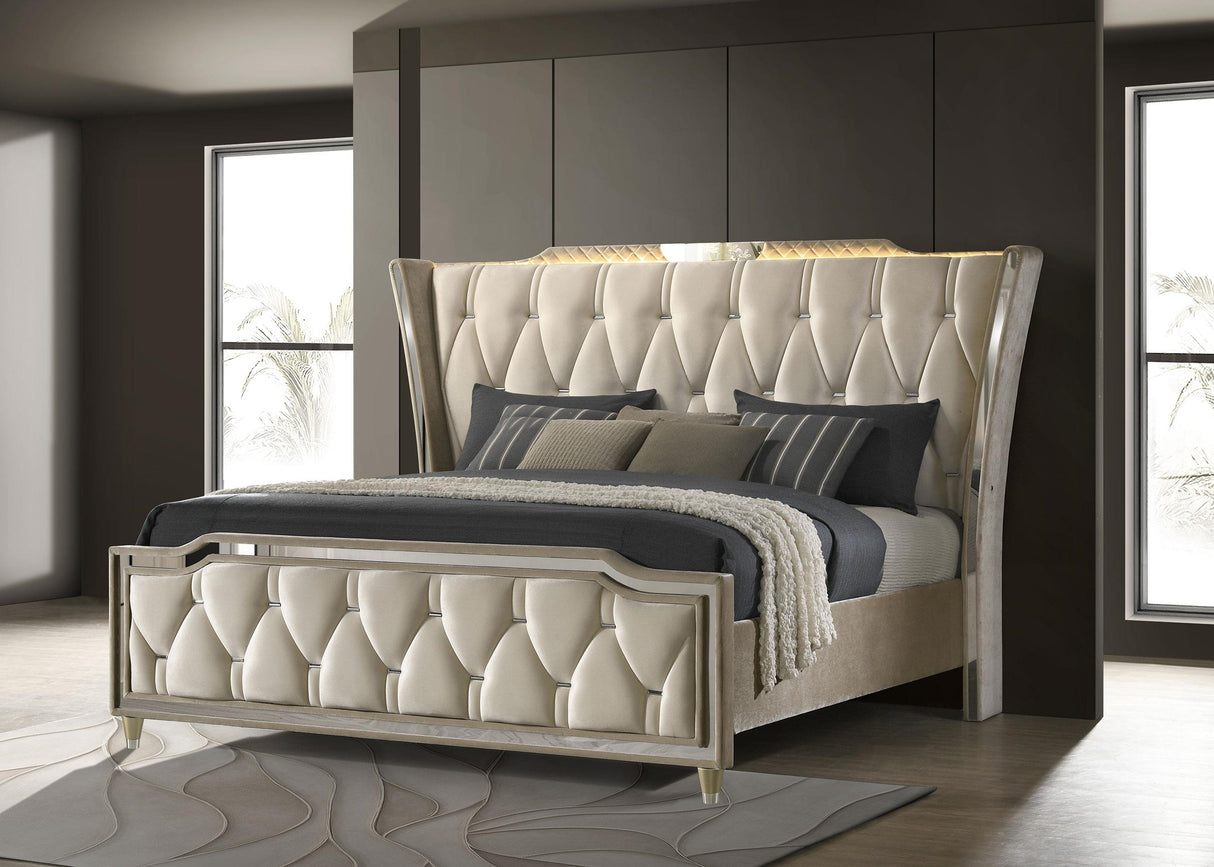 Lorient Ivory and Camel Queen LED Upholstered Wingback Bed from Coaster - Luna Furniture