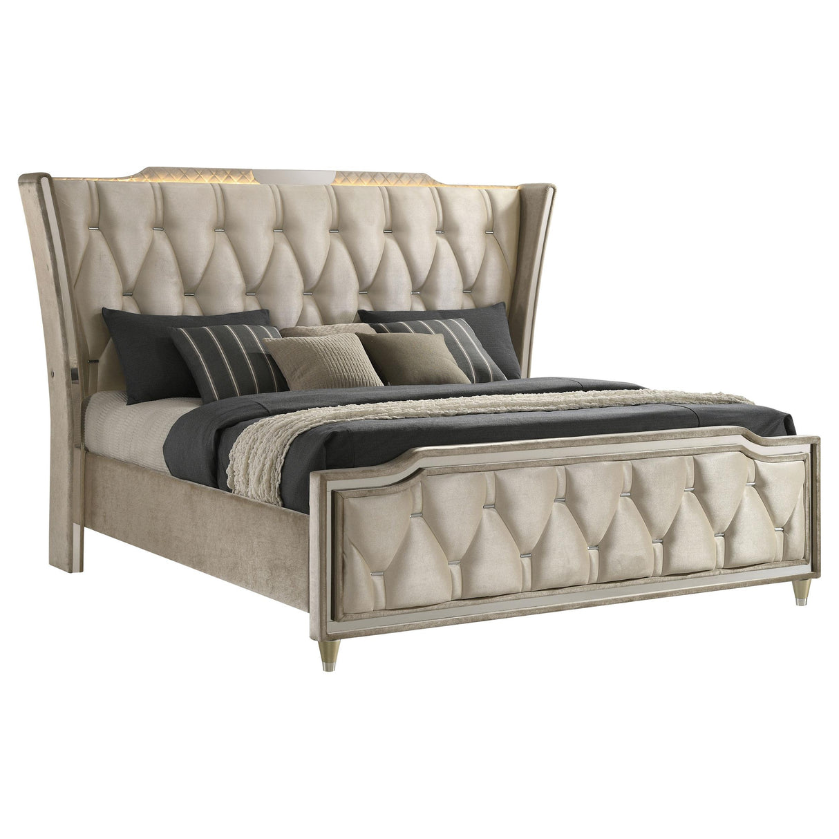 Lorient Ivory and Camel Queen LED Upholstered Wingback Bed from Coaster - Luna Furniture