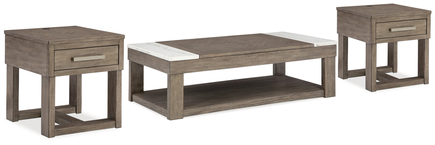 Loyaska Coffee Table with 2 End Tables in Grayish Brown/White from Ashley - Luna Furniture