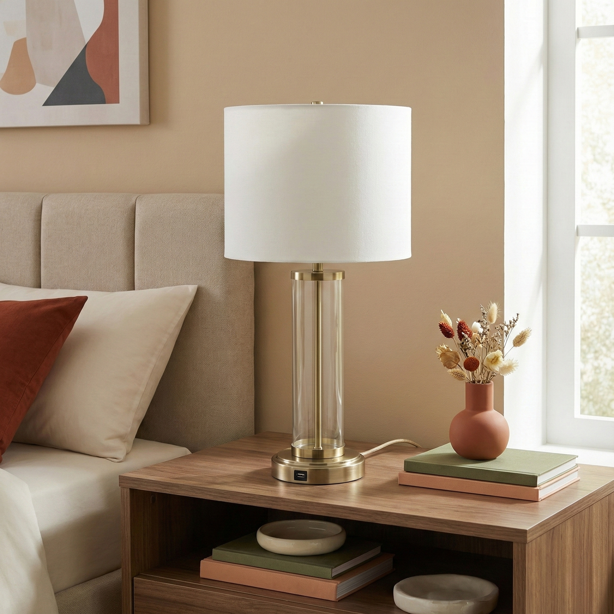 Luna Brushed Nickel Table Lamp with On/Off Switch Clear Glass Body Metal Base from Ashcroft Furniture - Luna Furniture