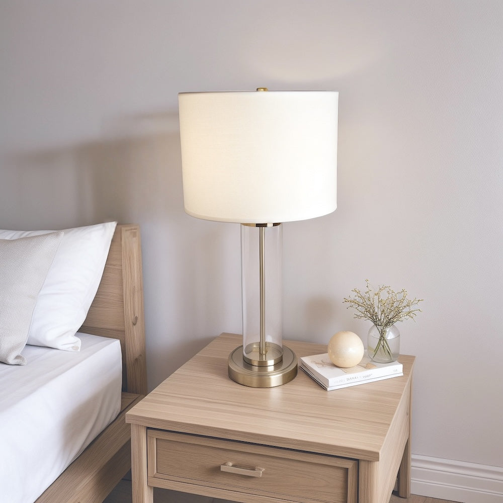 Luna Brushed Nickel Table Lamp with On/Off Switch Clear Glass Body Metal Base from Midinmod - Luna Furniture