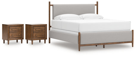 Lyncott King Upholstered Bed with 2 Nightstands in Brown from Ashley - Luna Furniture
