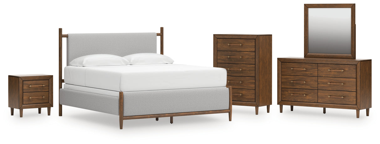 Lyncott King Upholstered Bed with Mirrored Dresser, Chest and Nightstand in Brown from Ashley - Luna Furniture