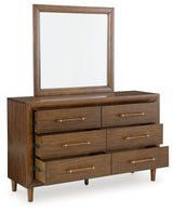 Lyncott Queen Upholstered Bed with Mirrored Dresser and 2 Nightstands in Brown from Ashley - Luna Furniture