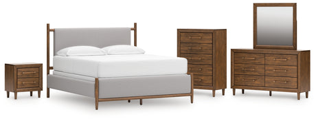 Lyncott Queen Upholstered Bed with Mirrored Dresser, Chest and Nightstand in Brown from Ashley - Luna Furniture