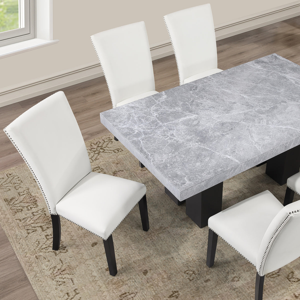 Artemis Gray Rectangle Marble Top 9-Piece Dining Set with White Vegan Leather Chairs