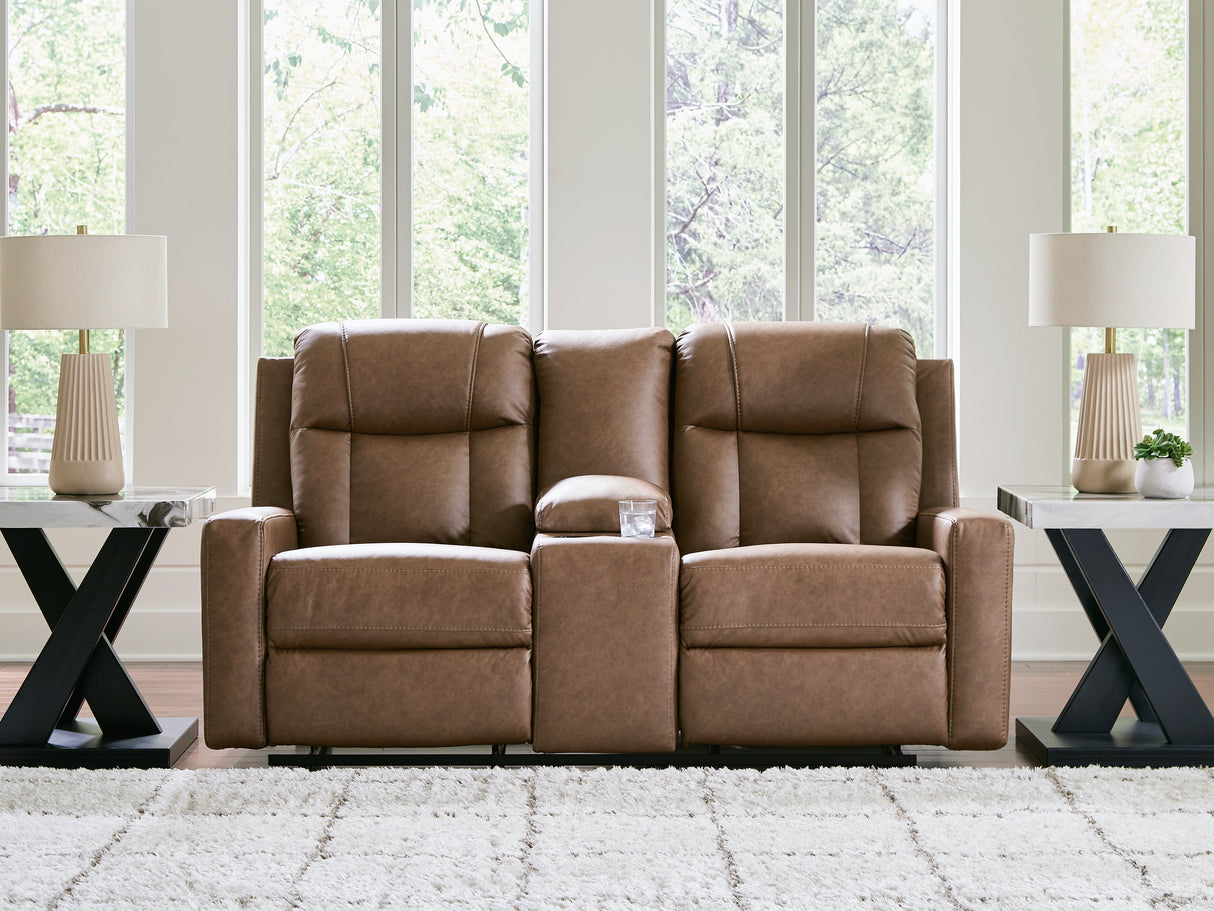 Mackmenville Caramel Reclining Loveseat with Console from Ashley Furniture - Luna Furniture