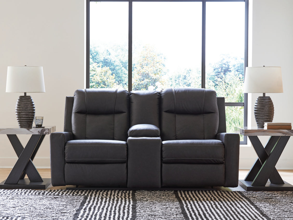 Mackmenville Carbon Reclining Loveseat with Console from Ashley - Luna Furniture