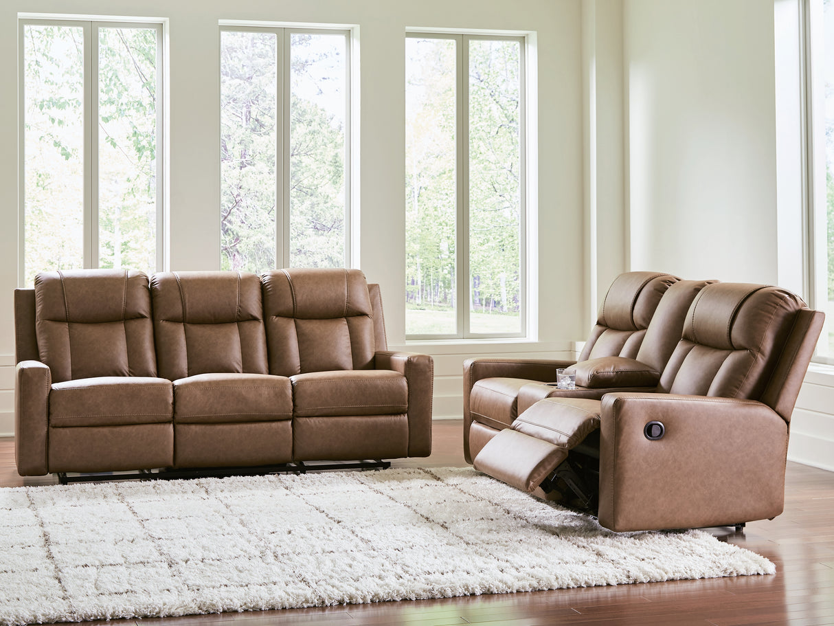 Mackmenville Reclining Sofa and Reclining Loveseat with Console in Caramel from Ashley - Luna Furniture