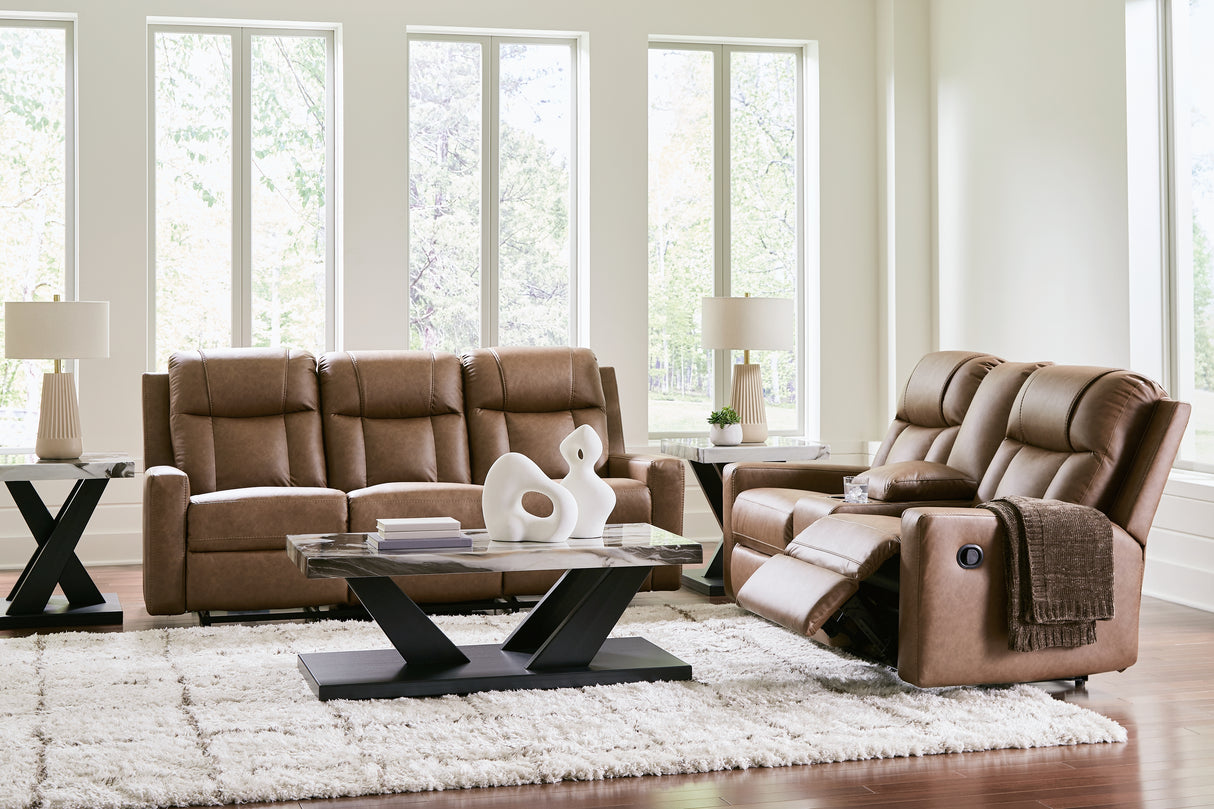 Mackmenville Reclining Sofa and Reclining Loveseat with Console in Caramel from Ashley - Luna Furniture
