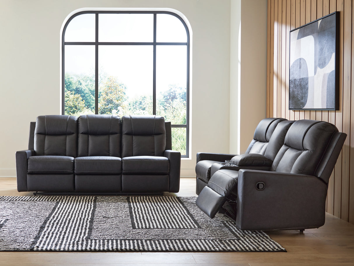 Mackmenville Reclining Sofa and Reclining Loveseat with Console in Carbon from Ashley - Luna Furniture