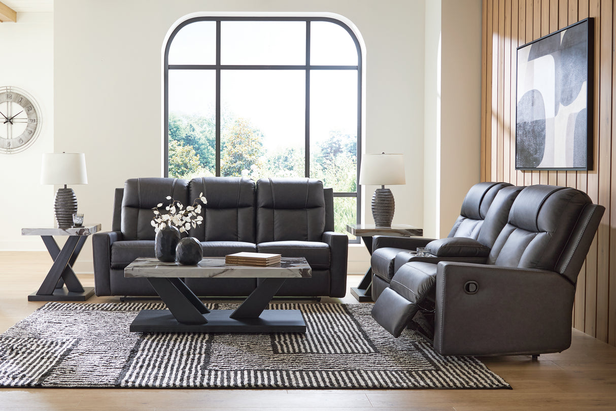 Mackmenville Reclining Sofa and Reclining Loveseat with Console in Carbon from Ashley - Luna Furniture