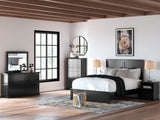 Maribel King Panel Bed with Mirrored Dresser in Black from Ashley - Luna Furniture