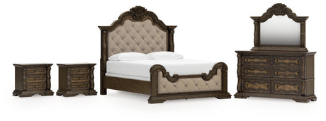 Maylee Dark Brown California King Upholstered Bed with Mirrored Dresser and 2 Nightstands from Ashley - Luna Furniture