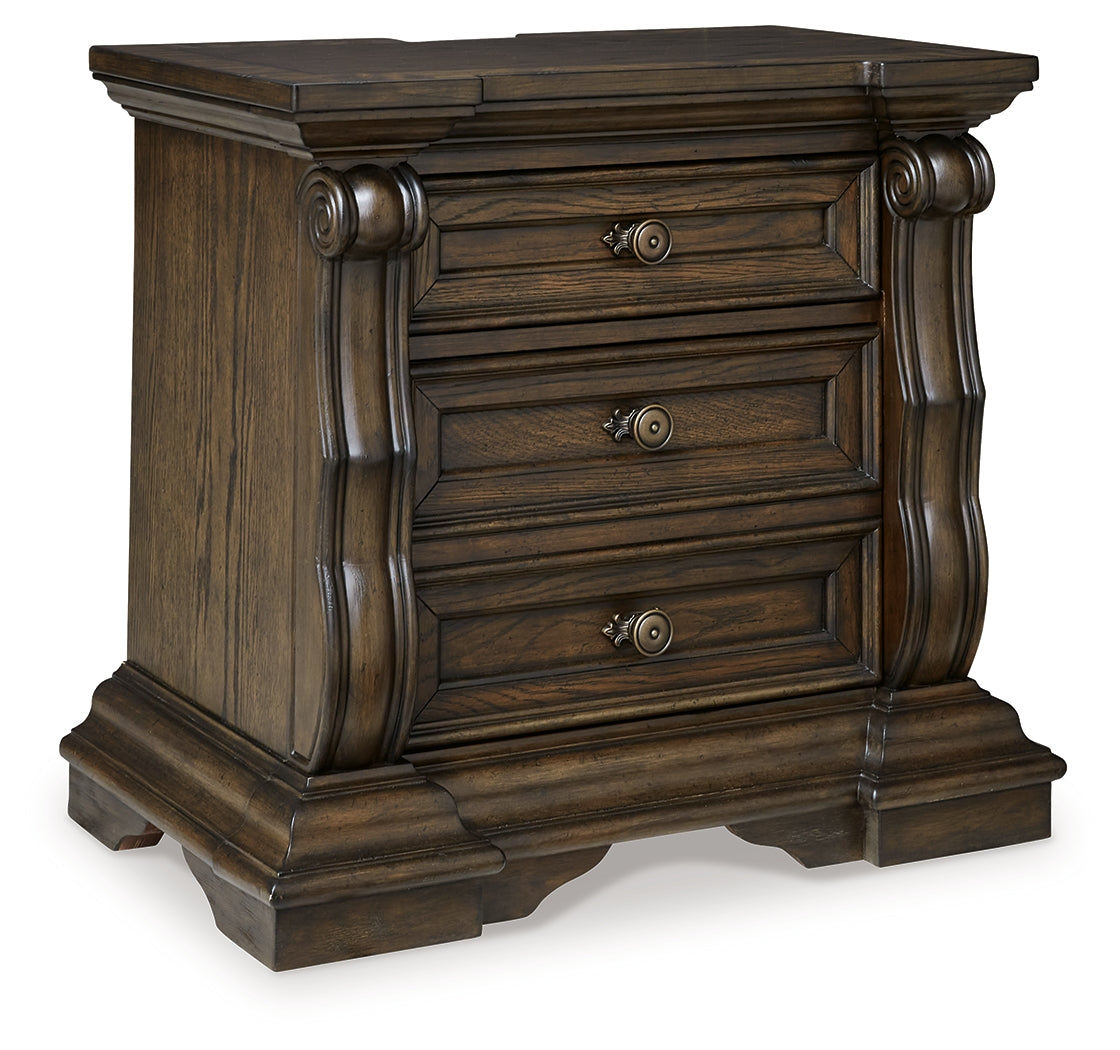 Maylee Dark Brown California King Upholstered Bed with Mirrored Dresser and 2 Nightstands from Ashley - Luna Furniture