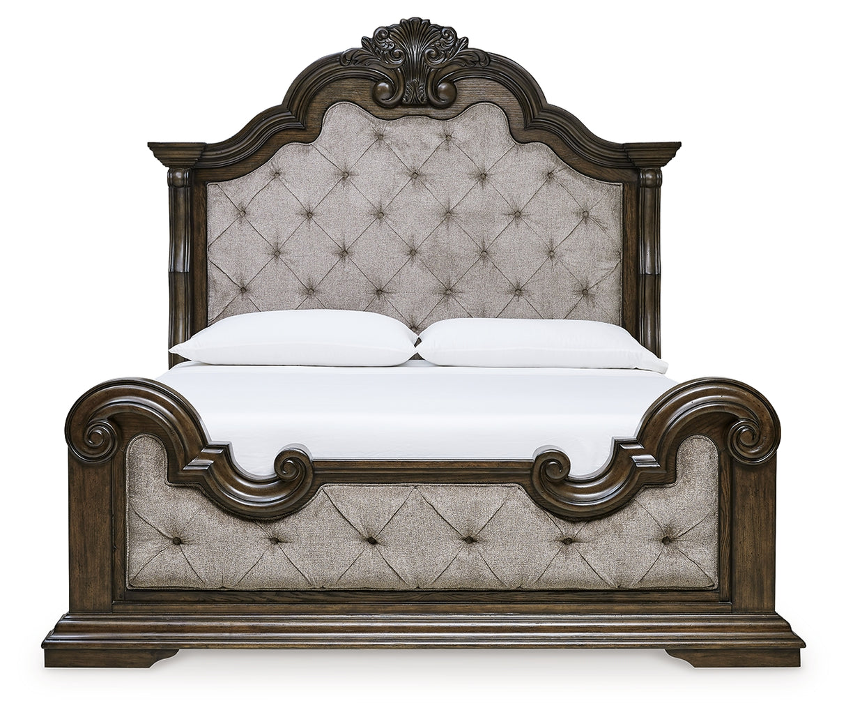 Maylee Dark Brown California King Upholstered Bed with Mirrored Dresser and Chest from Ashley - Luna Furniture