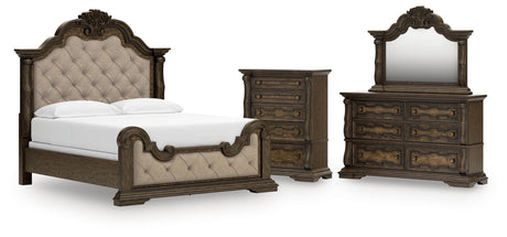Maylee Dark Brown California King Upholstered Bed with Mirrored Dresser and Chest from Ashley Furniture - Luna Furniture
