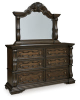 Maylee Dark Brown California King Upholstered Bed with Mirrored Dresser and Chest from Ashley - Luna Furniture