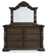 Maylee California King Upholstered Bed with Mirrored Dresser and Nightstand in Dark Brown from Ashley - Luna Furniture