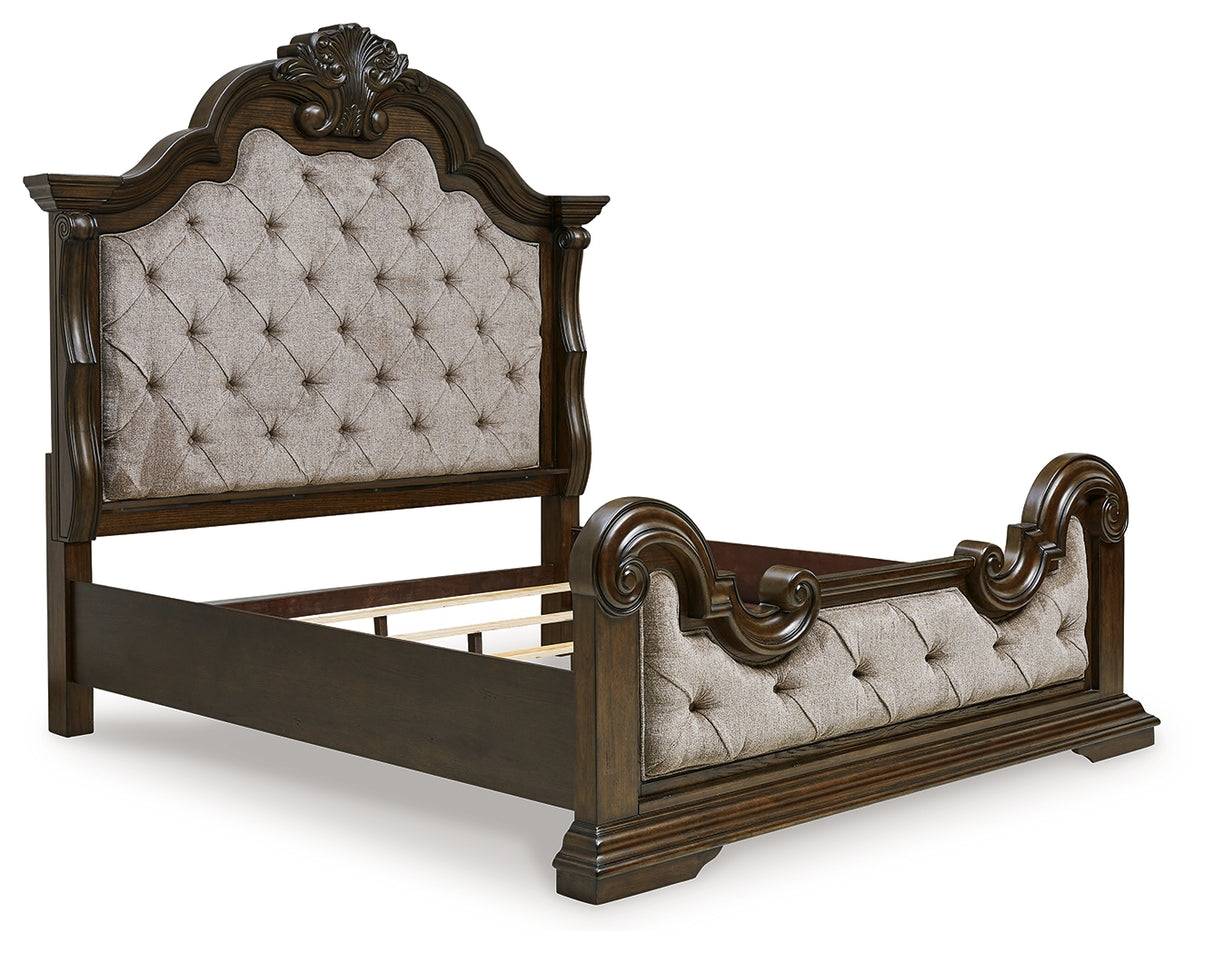 Maylee Light Grayish Brown California King Upholstered Bed with Mirrored Dresser, Chest and Nightstand from Ashley - Luna Furniture