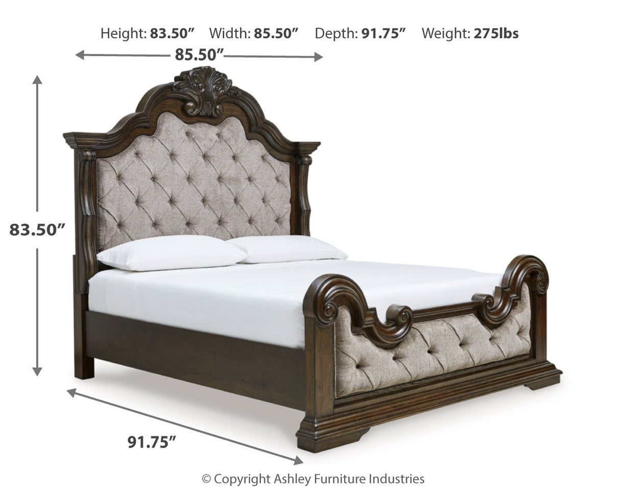 Maylee Light Grayish Brown California King Upholstered Bed with Mirrored Dresser, Chest and Nightstand from Ashley - Luna Furniture