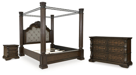 Maylee King Canopy Bed with Dresser and Nightstand in Dark Brown from Ashley - Luna Furniture