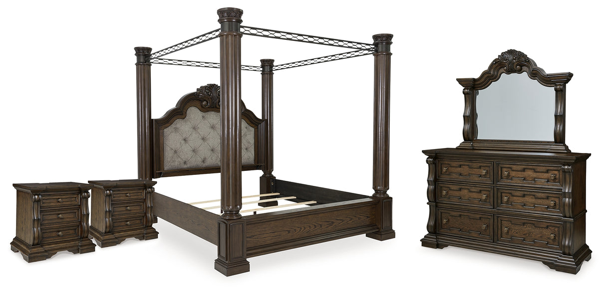 Maylee King Canopy Bed with Mirrored Dresser and 2 Nightstands in Dark Brown from Ashley - Luna Furniture