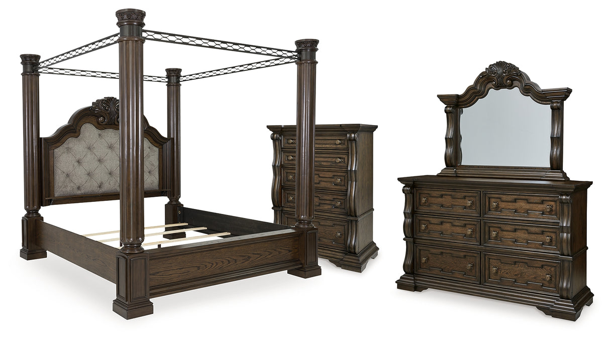Maylee King Canopy Bed with Mirrored Dresser and Chest in Dark Brown from Ashley - Luna Furniture