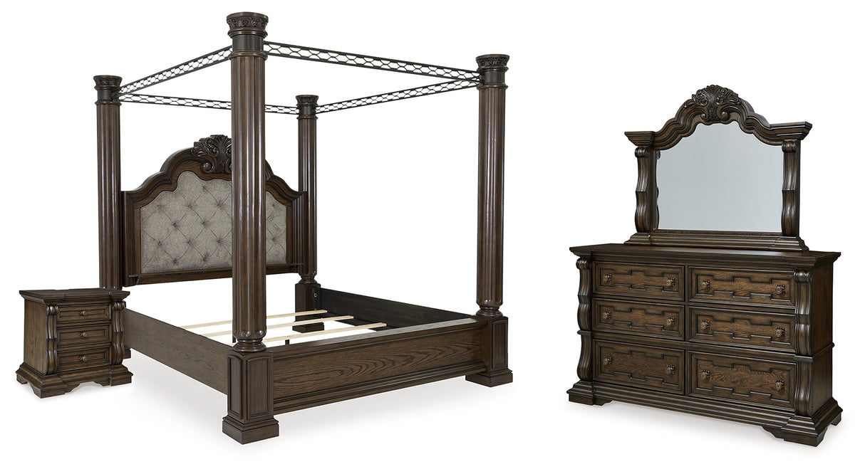 Maylee King Canopy Bed with Mirrored Dresser and Nightstand in Dark Brown from Ashley - Luna Furniture