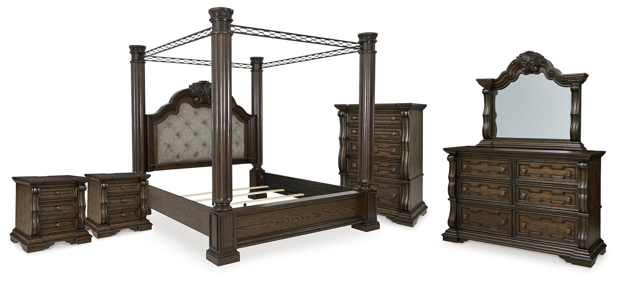 Maylee King Canopy Bed with Mirrored Dresser, Chest and 2 Nightstands in Dark Brown from Ashley - Luna Furniture