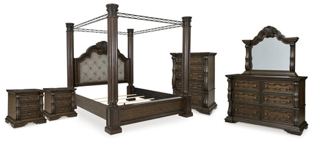 Maylee King Canopy Bed with Mirrored Dresser, Chest and 2 Nightstands in Dark Brown from Ashley - Luna Furniture