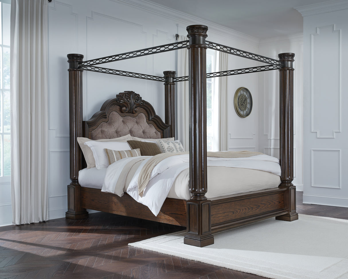 Maylee King Canopy Bed with Mirrored Dresser, Chest and 2 Nightstands in Dark Brown from Ashley - Luna Furniture
