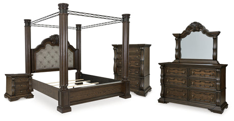 Maylee King Canopy Bed with Mirrored Dresser, Chest and Nightstand in Dark Brown from Ashley - Luna Furniture