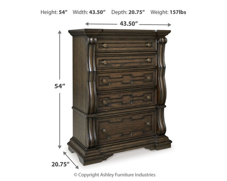 Maylee King Canopy Bed with Mirrored Dresser, Chest and Nightstand in Dark Brown from Ashley - Luna Furniture