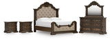 Maylee Dark Brown King Upholstered Bed with Mirrored Dresser and 2 Nightstands from Ashley - Luna Furniture